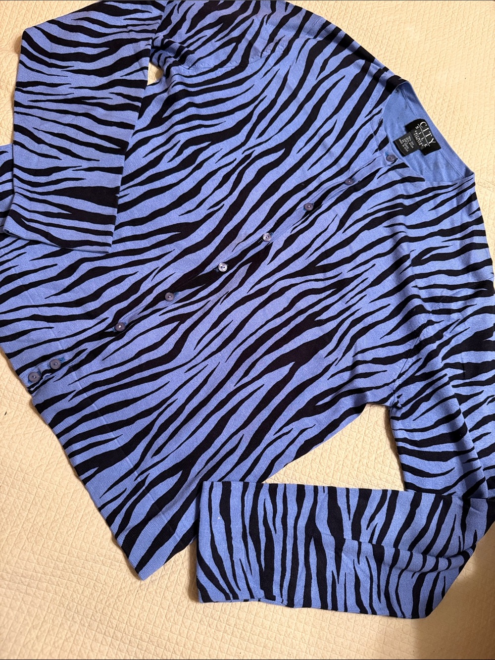 City silk Blue and Black Zebra-Print Button Cardigan